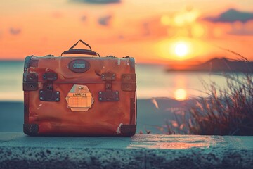 Vintage suitcase against sunset or dawn background, travel concept - Powered by Adobe