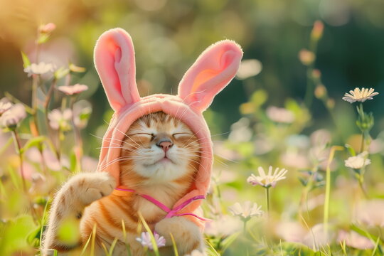 Funny cat wearing pink costume of easter rabbit with big ears enjoy spring 