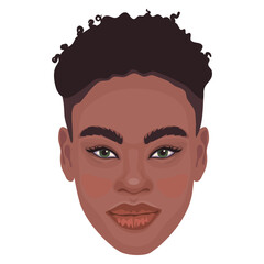 Attractive black woman with short curly hair, looking at camera, copy space for your concept text advertisement, head shot portrait. Avatar for social media.