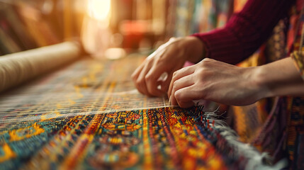 A person weaving a tapestry, representing integration and collaboration in business workflows - obrazy, fototapety, plakaty