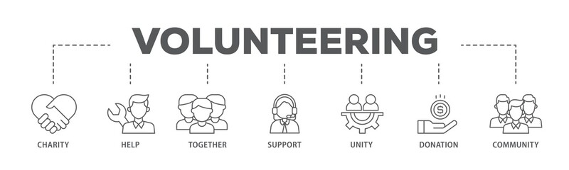 Volunteering banner web icon illustration concept with icon of charity, help, together, support, unity, donation, and community icon live stroke and easy to edit  - obrazy, fototapety, plakaty