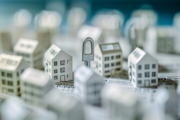 a key in a keyhole surrounded by small white buildings - obrazy, fototapety, plakaty