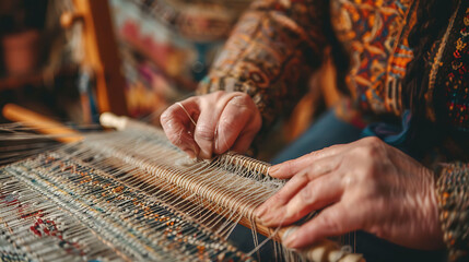 A person weaving a tapestry, symbolizing the interweaving of different elements in business processes - obrazy, fototapety, plakaty