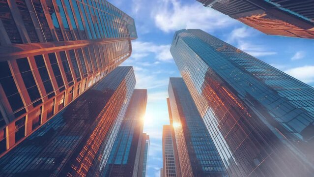 The company's tall building, the sky and clouds are moving; is perfect for background projects; real estate, business, architecture, company. 4k virtual video animation.