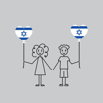 israeli children, love Israel sketch, girl and boy with a heart shaped balloons, black line vector illustration