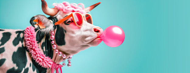Fashionable Cow with Pink Hair and Sunglasses Blowing Bubble Gum