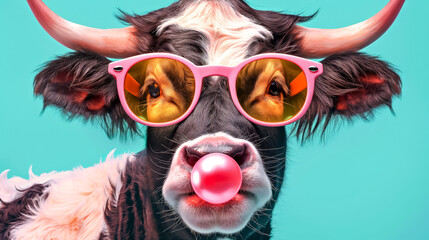 Fashionable Cow with Sunglasses Blowing Bubble Gum