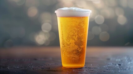 Golden beer, ale or lager in a plastic disposable cup or glass for party concert or by pool for safety - obrazy, fototapety, plakaty