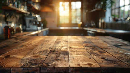 Poster The simplicity of a grunge wooden table, bathed in the golden glow of an afternoon kitchen, offers a plain yet compelling canvas for product displays.  © Алексей Василюк