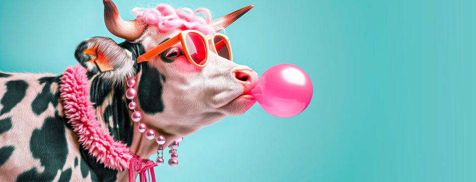 Fashionable Cow with Pink Hair and Sunglasses Blowing Bubble Gum