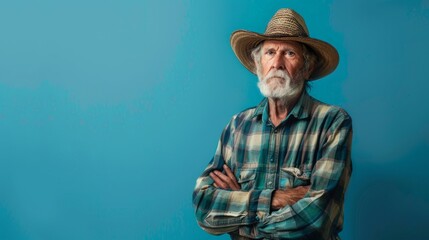 Mature farmer posing on blue background