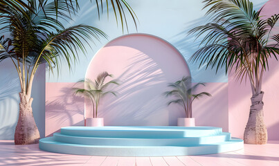 A podium with stairs surrounded by palm trees against a vibrant pink and blue wall. It creates a tropical oasis vibe perfect for leisure and travel