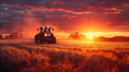 tractor driving spraying or harvesting crops at sunset - obrazy, fototapety, plakaty