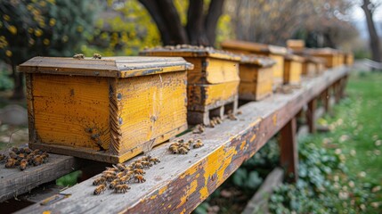 Traditional wooden beehives are displayed in an apiary, where colonies of bees are kept for honey production in the garden. - obrazy, fototapety, plakaty