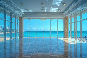 Empty, clean and bright gym with sea view and a large window