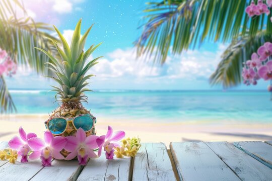 A pineapple wearing sunglasses and leis, with the beach in background. A tropical scene featuring palm trees Generative AI