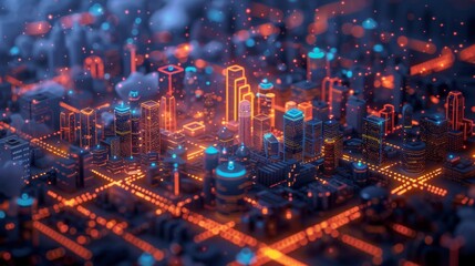 Visualizing a concept of a smart urban city, icons representing server rooms and databases are displayed, emphasizing big data processing in an isometric vector format. 