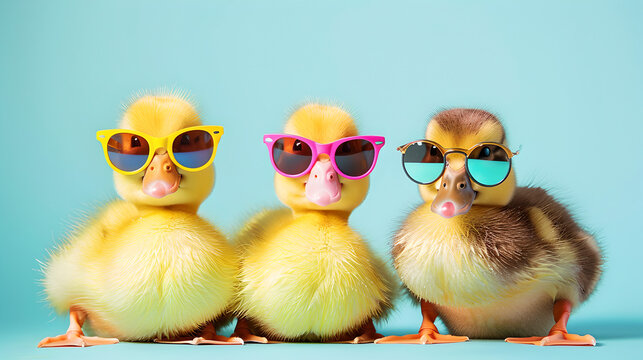 ducks: three young litte cool duck babies with sunglasses on light blue pastel colored background 