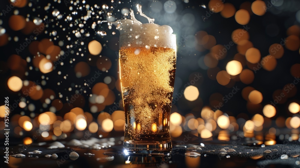 Poster pouring beer with bubble froth in glass for background on front view wave curve shape texture foam ,