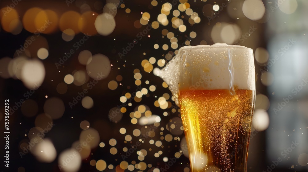Aufkleber pouring beer with bubble froth in glass for background on front view wave curve shape texture foam ,