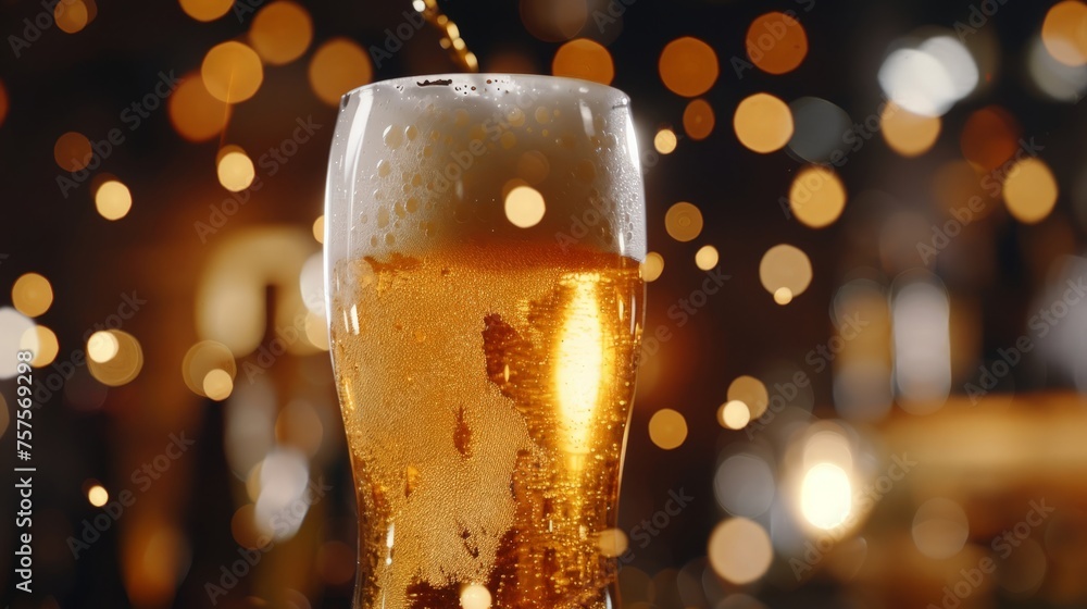 Poster pouring beer with bubble froth in glass for background on front view wave curve shape texture foam ,
