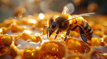 Witness a bee diligently transferring nectar into honeycomb cells amidst honey slices, showcasing the intricate process of honey production. - obrazy, fototapety, plakaty