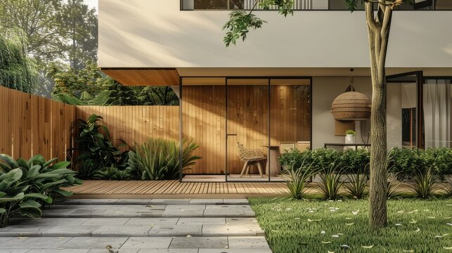 the welcoming home and wooden fence in the soft, natural light of a bright and sunny day to accentuate the warmth and texture of the wood, creating a realistic and inviting atmosphere