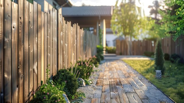 the welcoming home and wooden fence in the soft, natural light of a bright and sunny day to accentuate the warmth and texture of the wood, creating a realistic and inviting atmosphere