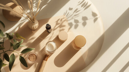 A tan, brown, and neutral-ambiance realistic photo of four cosmetics amid an organic-modern still-life setting in an overhead viewpoint