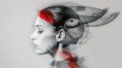a digital painting of a woman's face with feathers on her head and a red ribbon around her neck.