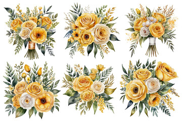 set of 6 yellow wedding bouquets, watercolor, on white background, isolated 