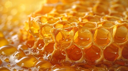 Yellow beautiful honeycomb with honey and bee, background 