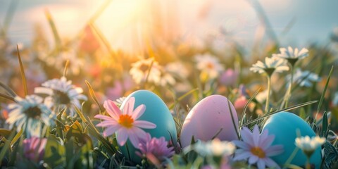 Close up of spring landscape with wild flowers in green grass on meadow with Easter eggs. - obrazy, fototapety, plakaty