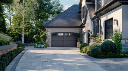 the courtyard of a modern house and the surrounding area of the house with a garage, vehicles or architectural details of a residential building to convey the image of country life.
