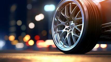 Aluminum Rim on Sports Car Wheel: Defocused Background

