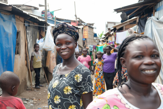 Smiling women in African market street