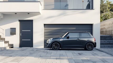 A parked car outside a modern house and garage door, the garage and surrounding area are well lit to highlight the elegant design of the modern garage and highlight its integration with the home