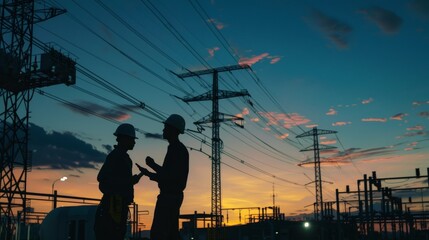 silhouette of two engineers standing at electricity station, discussing plan