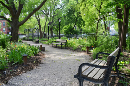 Serene park path with benches and lush greenery