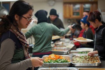 Volunteers serving food at community shelter - obrazy, fototapety, plakaty