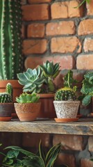 Assorted Cactus and Succulent Plants in Pots on a Wooden Shelf
