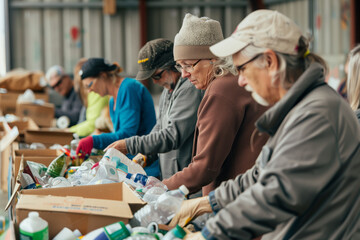 Community volunteers sorting recyclables at local drive - obrazy, fototapety, plakaty