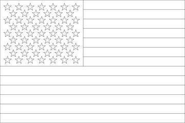 United States of America flag - thin black vector outline wireframe isolated on white background. Ready for colouring.