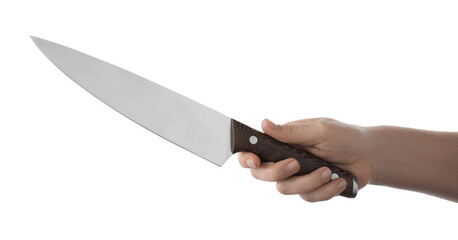 Woman holding knife on white background, closeup