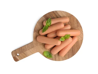 Fotobehang Delicious boiled sausages and basil isolated on white, top view © New Africa