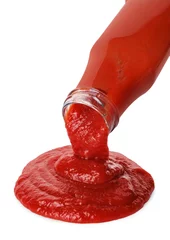 Fotobehang Pouring tasty ketchup from bottle isolated on white. Tomato sauce © New Africa