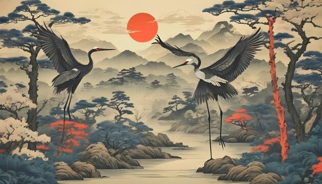 drawing wallpaper of a landscape of birds crane in the middle of the forest in Japanese vintage style created with generative ai	
