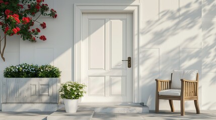 Fototapeta na wymiar A bright white front door surrounded by flowers and other potted plants and an armchair or bench in front, in a modern, minimalist style. Beautiful entrance to the house.