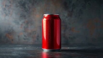Red aluminum blank soda can with water, dew drops. Blank labeled. Isolated on dark background. Room for copy space.