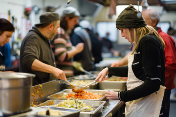 Busy soup kitchen volunteers serving food to community
